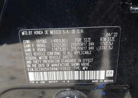 2022 Honda Hr-V 2Wd Lx z USA, uszkodzony, nr VIN 3CZRU5H36NM743820